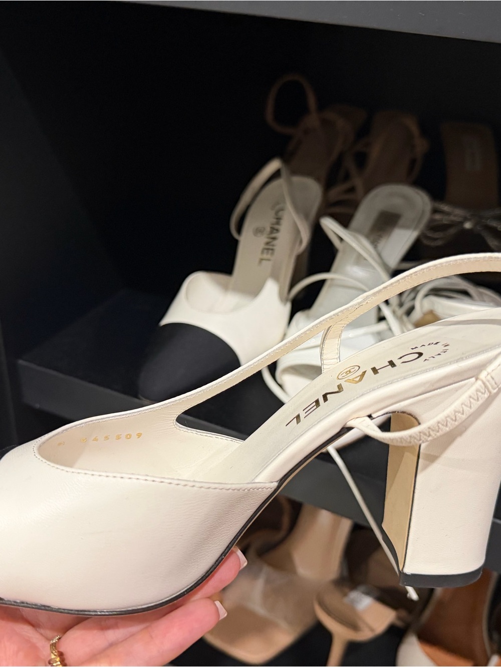 CHANEL White Leather Slingback Pump with Black Cap Toe - Picture 5 of 14